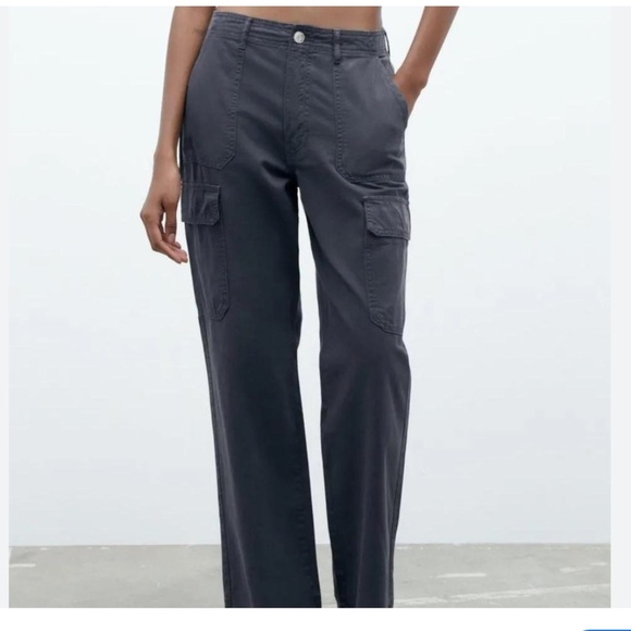 ZARA Hi Rise Relaxed Utility Cargo Pants Blue/Gray Size 2 - Picture 1 of 5